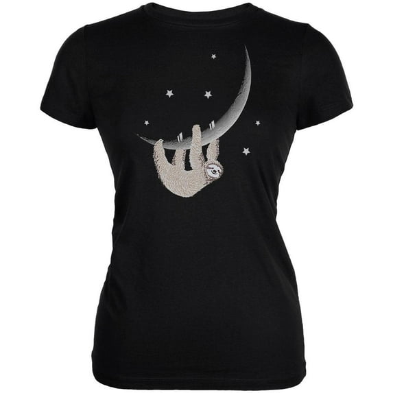 Sloth Hanging from the Moon Crescent Juniors Soft T Shirt Black MD
