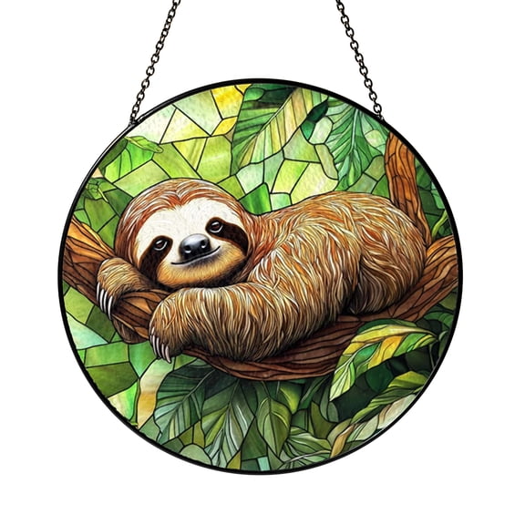 Sloth Hanging on Tree Branch Stained Glass Style Window Suncatcher Decor, Cute Forest Animal Art Gift