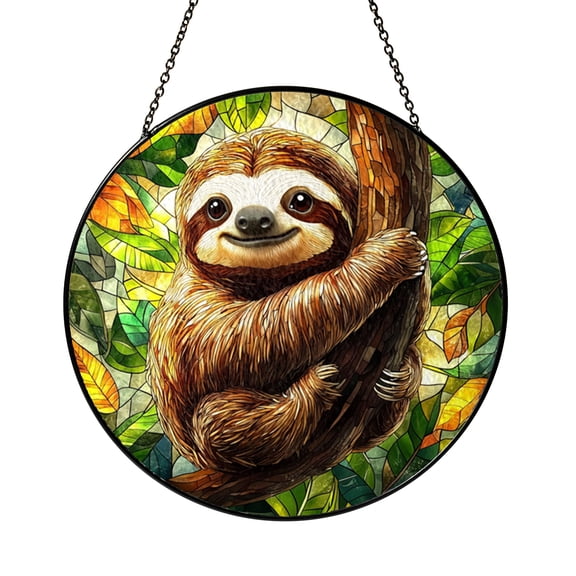 Sloth Hanging on Tree Branch Stained Glass Suncatcher, Forest Window Art, Gift for Wildlife Lovers