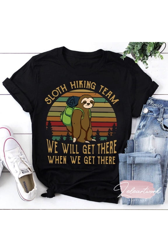 Sloth Hiking Team Funny Vintage Graphic Tee Retro Outdoor Nature Top,for unisex up to 5XL
