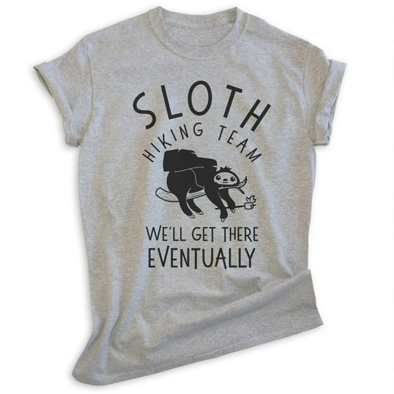 Sloth Hiking Team T-shirt, Unisex Women's Men's Shirt, Funny Sloth Hiking Cute Animal, Heather Gray, Small
