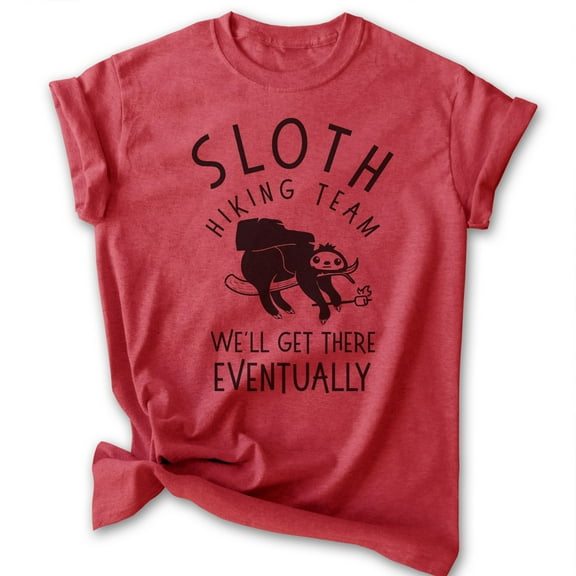 Sloth Hiking Team T-shirt, Unisex Women's Men's Shirt, Funny Sloth Hiking Cute Animal, Heather Red, Large