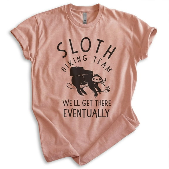 Sloth Hiking Team T-shirt, Unisex Women's Men's Shirt, Funny Sloth Hiking Cute Animal, Heather Sunset, Large