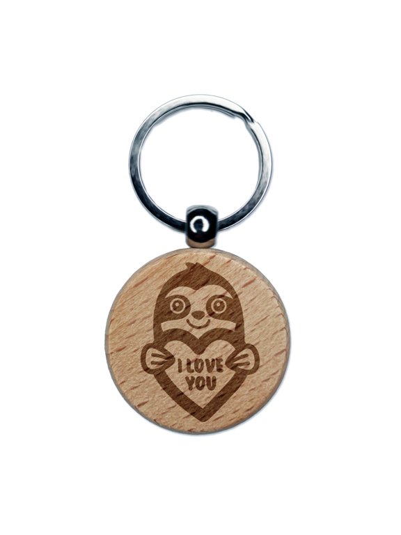 Sloth I Love You Round Keychain Charm Tag - Engraved Wood