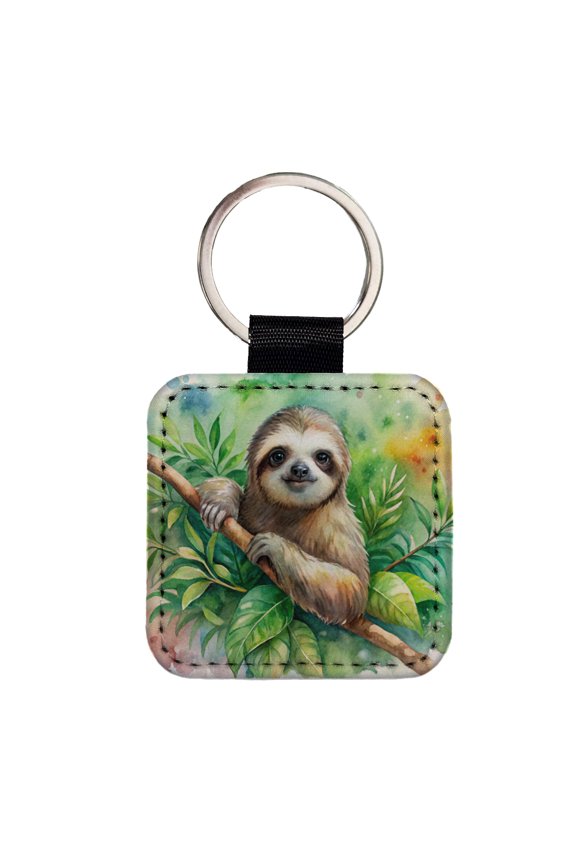 Sloth In A Tree Watercolor Faux Leather Square Keychain