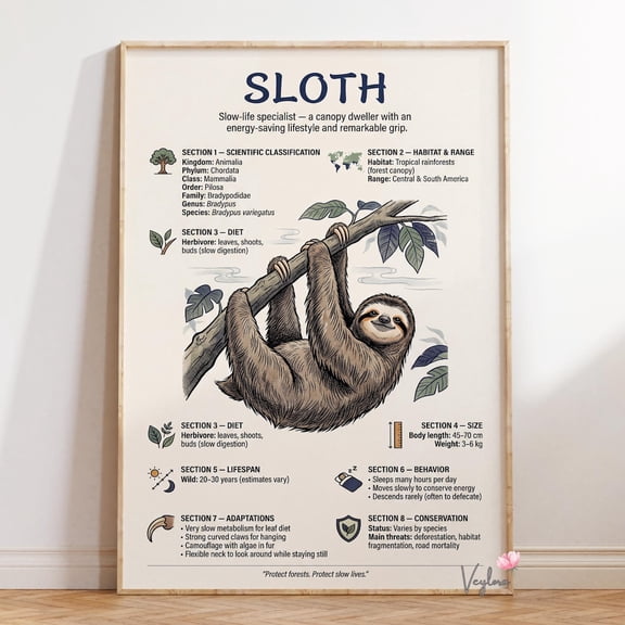 Sloth Infographic Wildlife Wall Decor