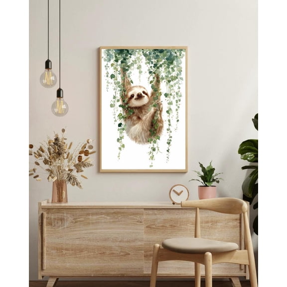 Sloth Jungle Boho Baby Hanging Sloth Illustration Neutral Animal Wall Art Unframed Paper Print