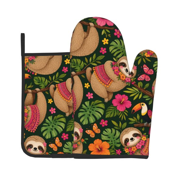 Sloth Jungle Folk Pattern 2Pcs Oven Mitts and Pot Holders Set Kitchen Glove & Trivet Hot Pads for Cooking Baking BBQ Grilling