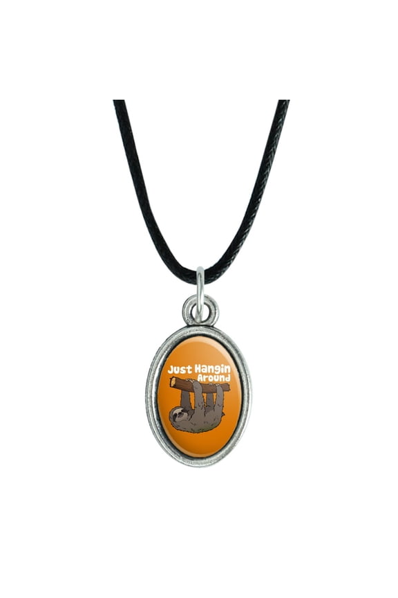 Sloth Just Hanging Around Antiqued Oval Charm Pendant with Black Satin Cord