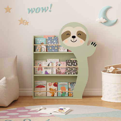 Sloth Kids Bookshelf, Front-Facing Toddler Book Display Rack with 3 Tiers, Cute Animal Design, Wooden Nursery Bookshelf for Playroom, Bedroom & Reading Corner, Safe & Sturdy Storage Organizer