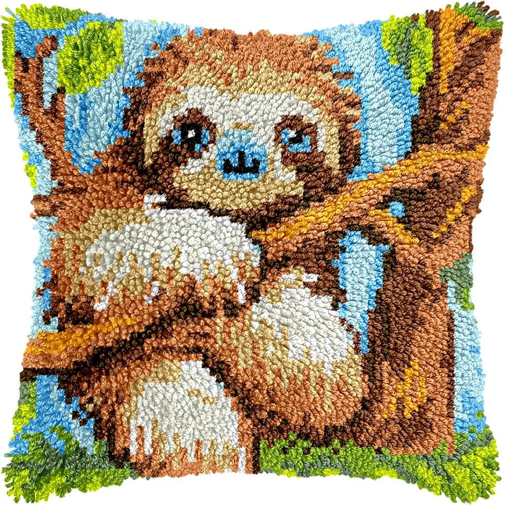 Sloth Latch Hook Pillow Kits for DIY Throw Pillow Cushion Embroidery Latch Hooking Pillowcase Kits with Preprinted Canvas Crochet Yarn Kits for Home Decor 17''X 17''(j94)