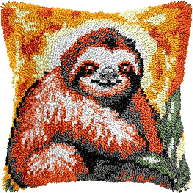 Sloth Latch Hook Pillow Kits Pillow Cover with Pattern Printed Canvas Sofa Hooking Pillowcase Cushion Crafts Embroidery Latch Hooking Crochet Starter Kits 17x17 inch(1)
