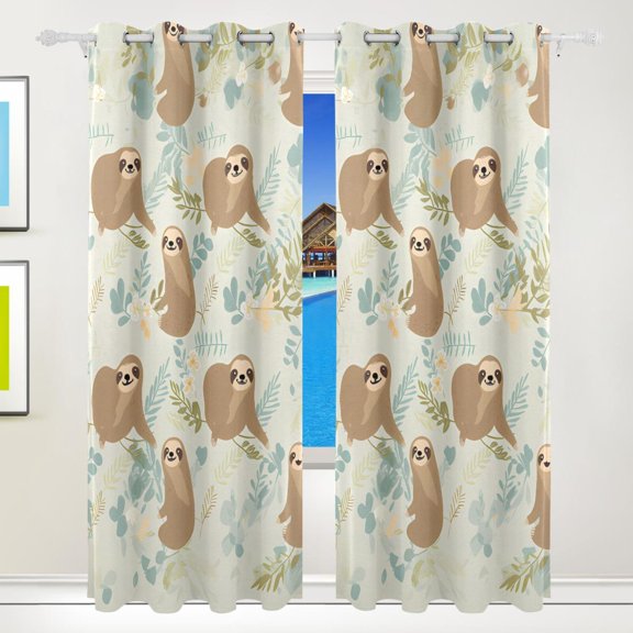 Sloth Leaves Flowers Black Out Curtains 84 Inch Length for Bedroom Living Room Windows 2 Panels Set