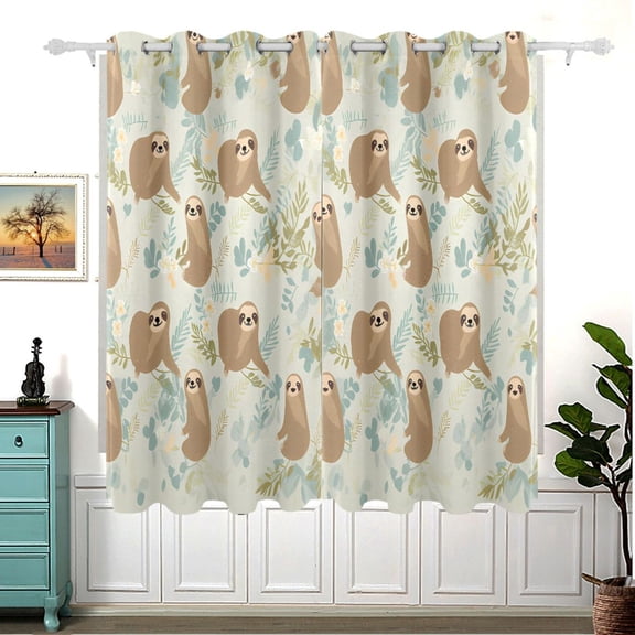 Sloth Leaves Flowers Blackout Curtain Panels 63x55in Drapes Privacy Assured for Living room Bedroom Bathroom 2 panels set