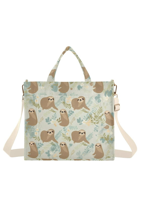 Sloth Leaves Flowers Corduroy Tote Bag Handbag Large Messenger Bag Shoulder Crossbody Zipper Bag Purse