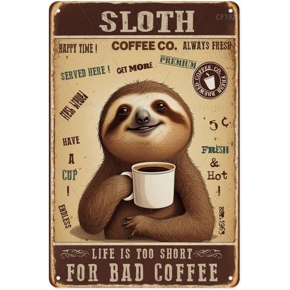 Sloth Life Is Too Short for Bad Coffee Decor Vintage Aluminum Tin Sign - Funny Slow Animal Coffee Quote Decorative Metal Sign, 8x12 Inches, Relaxed Vibe Kitchen Office Wall Decor