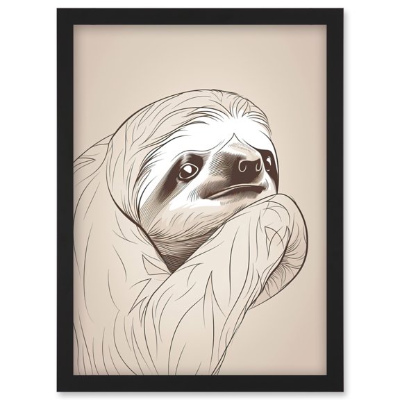 Sloth Line Drawing Illustration with Highlights Artwork Framed Wall Art Print A4