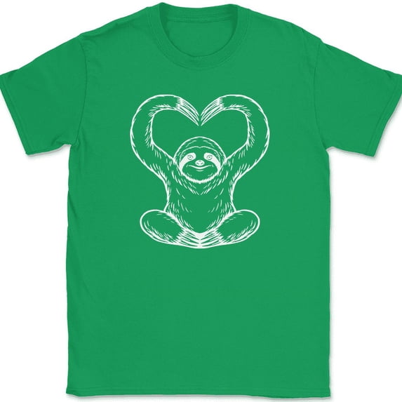 Sloth Love T-Shirt Heart Valentine's Day Cute Animal Graphic Gift Tee - Green, XL