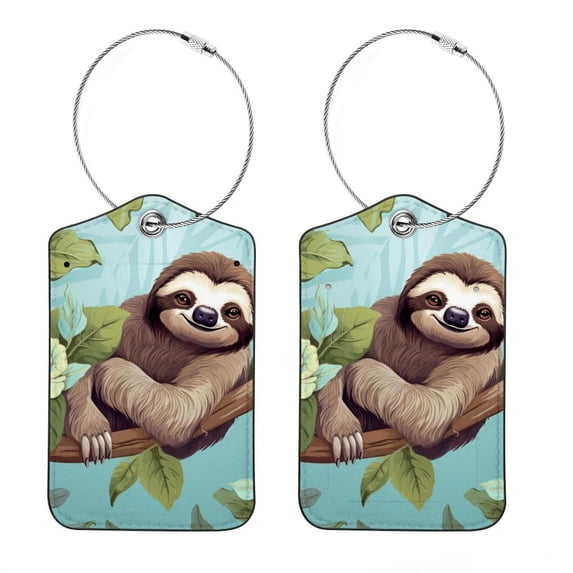 Sloth Luggage Tag, Travel Tags, Handbag Tag - Square PU Leather 2 Pack with Privacy Cover and Stainless Steel Ring - Suitable for Travel, Backpack, Handbag [Amazon Approved]