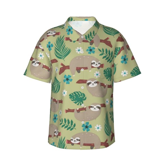 Sloth Men'S 3d Print Casual Button Down Shirts, Novelty Hawaiian Short Sleeves Xl