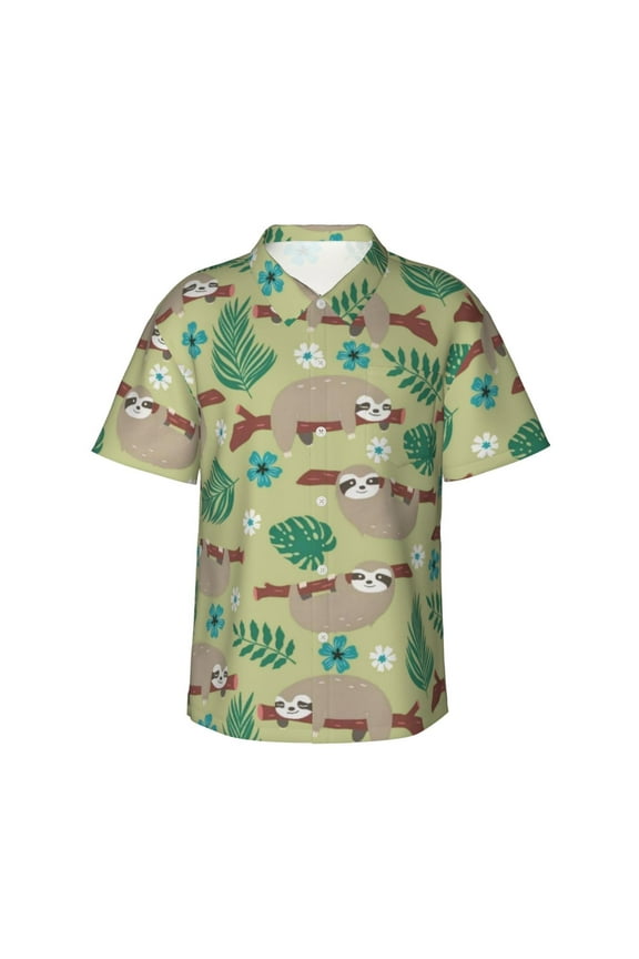 Sloth Men'S 3d Print Casual Button Down Shirts, Novelty Hawaiian Short Sleeves Xl