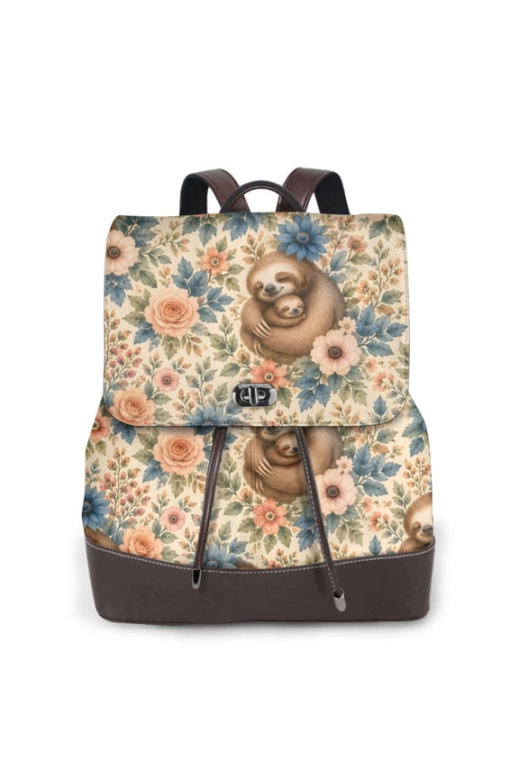 Sloth Mom Women's Leather Backpack All-Over Print Bag for Work and Travel