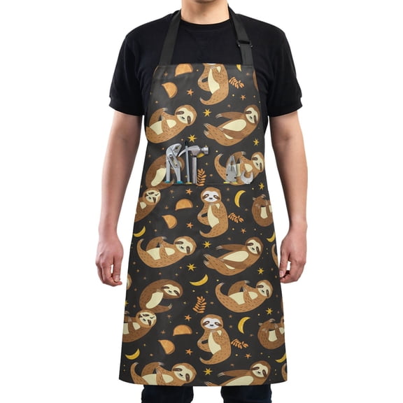 Sloth Moon Star Kitchen Apron with 2 Pockets Adjustable waterproof Cooking Aprons for Women Men Chef