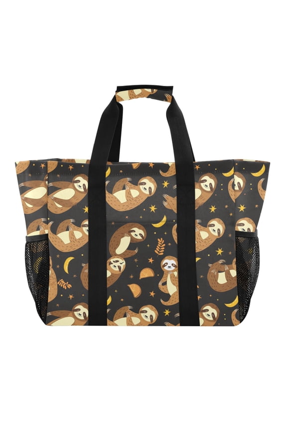 Sloth Moon Star Reusable Grocery Bags with Handle Side Pocket Waterproof Shopping Portable Tote