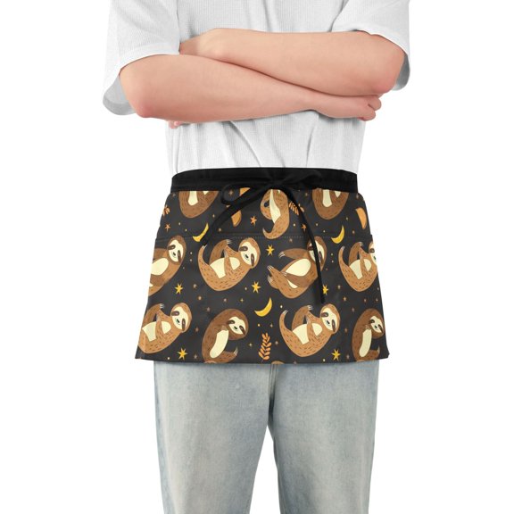 Sloth Moon Star Server Apron with 3 Pockets Waterproof Waitress Waist Short Apron for Man Woman 12 Inches