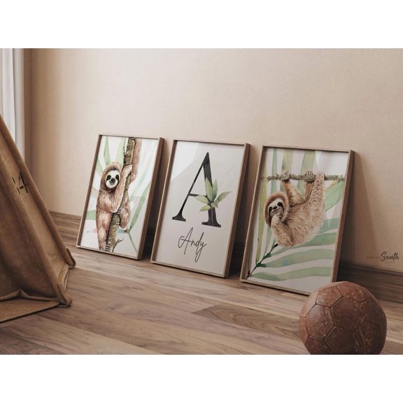 Sloth Nursery Art Prints Tropical Rainforest Decor, Monogram Set, Poster Only