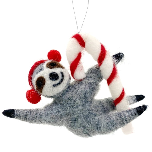Sloth Ornament - Wool Sloth with Candy Cane Christmas Ornament Holiday Decoration