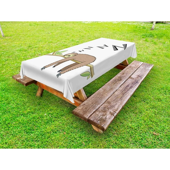 Sloth Outdoor Tablecloth, Arboreal Mammal Sleeping on Branch in Forest Lazy Mood Resting Relaxing Theme, Decorative Washable Fabric Picnic Table Cloth, 58 X 84 Inches,Grey Green Brown, by Ambesonne