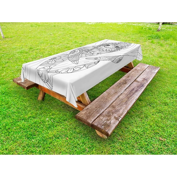 Sloth Outdoor Tablecloth, Smiling Cute Animal on Tree with Various Floral Details Monochrome Artistic Wildlife, Decorative Washable Fabric Picnic Tablecloth, 58 X 120 Inches, Black White, by Ambesonne