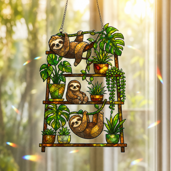 Sloth Plant Shelf Holographic Acrylic Window Ornament Sun Catcher Gift