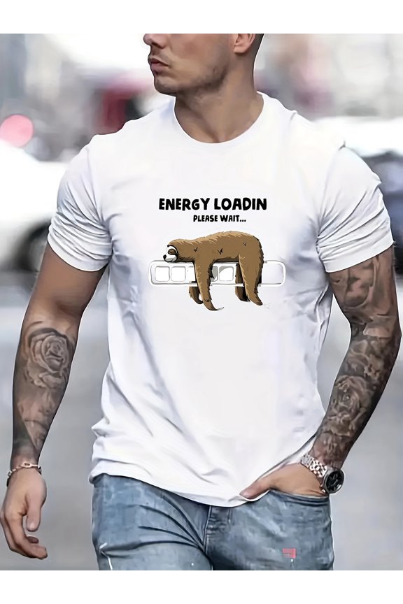 Sloth Print Men's Crew Neck Fashionable Short Sleeve Sports T-shirt, Comfortable And Versatile, For Summer And Spring, Athletic Style, Comfort Fit T-Shirt, As Gifts