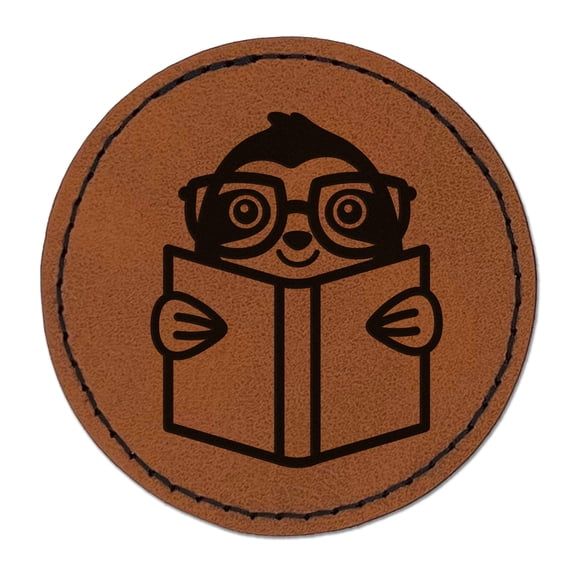 Sloth Reading Book 2.5" Faux Leather Round Engraved Iron-On Patch - Brown