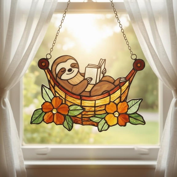 Sloth Reading Book 2D Flat Acrylic Sun Catcher, Light Catcher Panel, Window Hanging, Cute Animal Reader Gift, For Book Lovers Kids, Nursery Bedroom Office