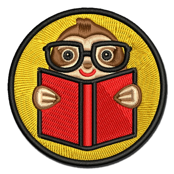 Sloth Reading Book Applique Multi-Color Embroidered Iron-On Patch - 2.5 Inch Small