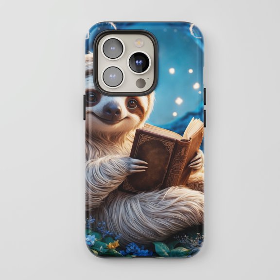 Sloth Reading Book For All iPhone Series Tough Phone Case Whimsical Blue