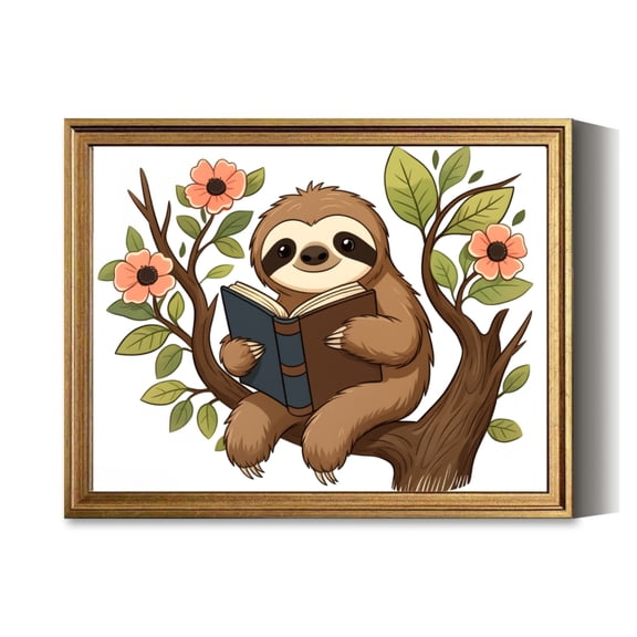 Sloth Reading Book Tree Vintage Gold Framed Wall Art Decor Retro Canvas Paintings for Living RoomBedroom