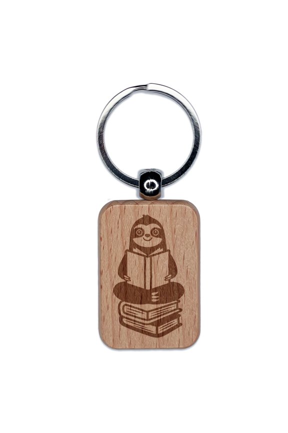 Sloth Reading on Book Stack Rectangle Keychain Charm Tag - Engraved Wood