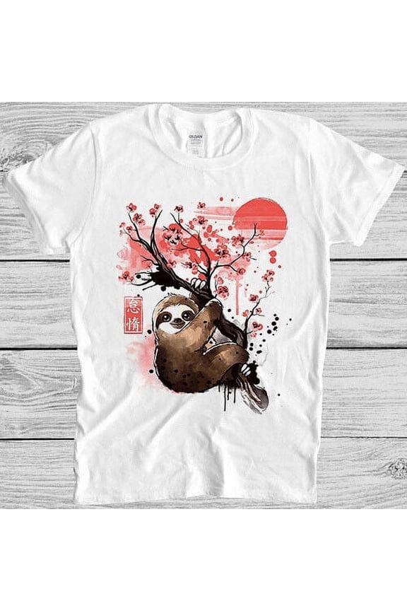 Sloth Red Sun Sakura Japanese Tree Cartoon Animal Meme Gift Tee T Shirt M1148
