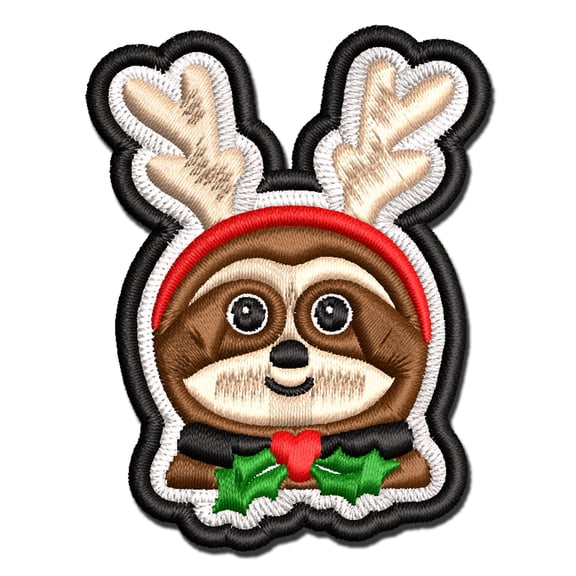 Sloth Reindeer Christmas Applique Multi-Color Embroidered Iron-On Patch - 3 Inch Medium
