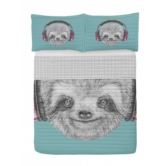 Sloth Reversible Bedspread Set, DJ Animal Portrait Headphones Funny Modern Character Cool Smiling, Pillow Shams & Comforter Microfiber Bedding Set, 3 Sizes, Teal Grey Fuchsia, by Ambesonne