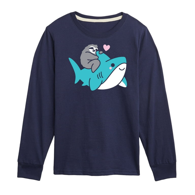 Sloth Riding Shark Kids Long Sleeve Tee