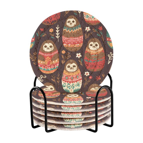 Sloth Russian Dolls Leaves 6 Pcs Drink Coasters with Holder Absorbent Coasters Woven Coasters for Drinks Table Desk Protection Home Decor