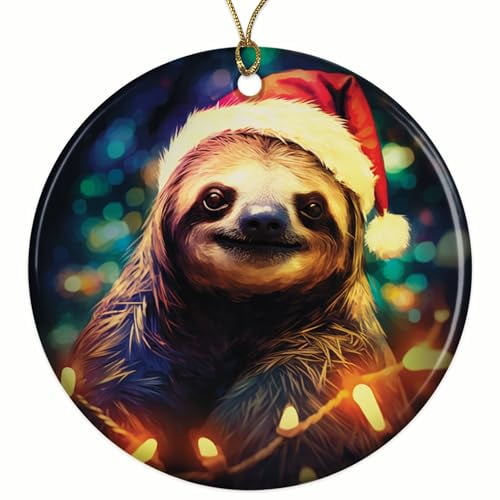 Sloth with Santa Hat Christmas Ornament - Festive Holiday Decor - 2.8" Round - Gold String Included - UV Printed Design - Choose from Over 140 Designs - BMCO0362