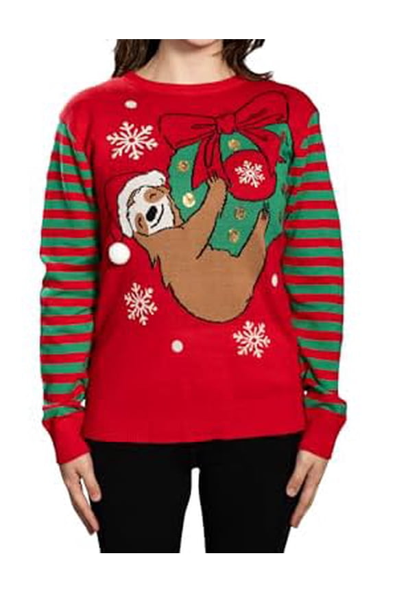 Sloth Santa Hat Hanging on Gift Ball Ornament Wreath Womens Ugly Christmas Sweater (US, Alpha, X-Large, Regular, Regular, Red)