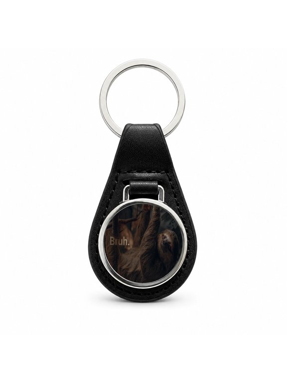 Sloth Saying Bruh Funny Metal Black Leather Keychain