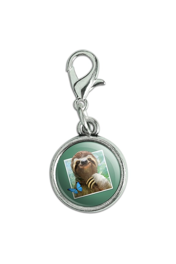 Sloth Selfie Picture Antiqued Bracelet Pendant Zipper Pull Charm with Lobster Clasp